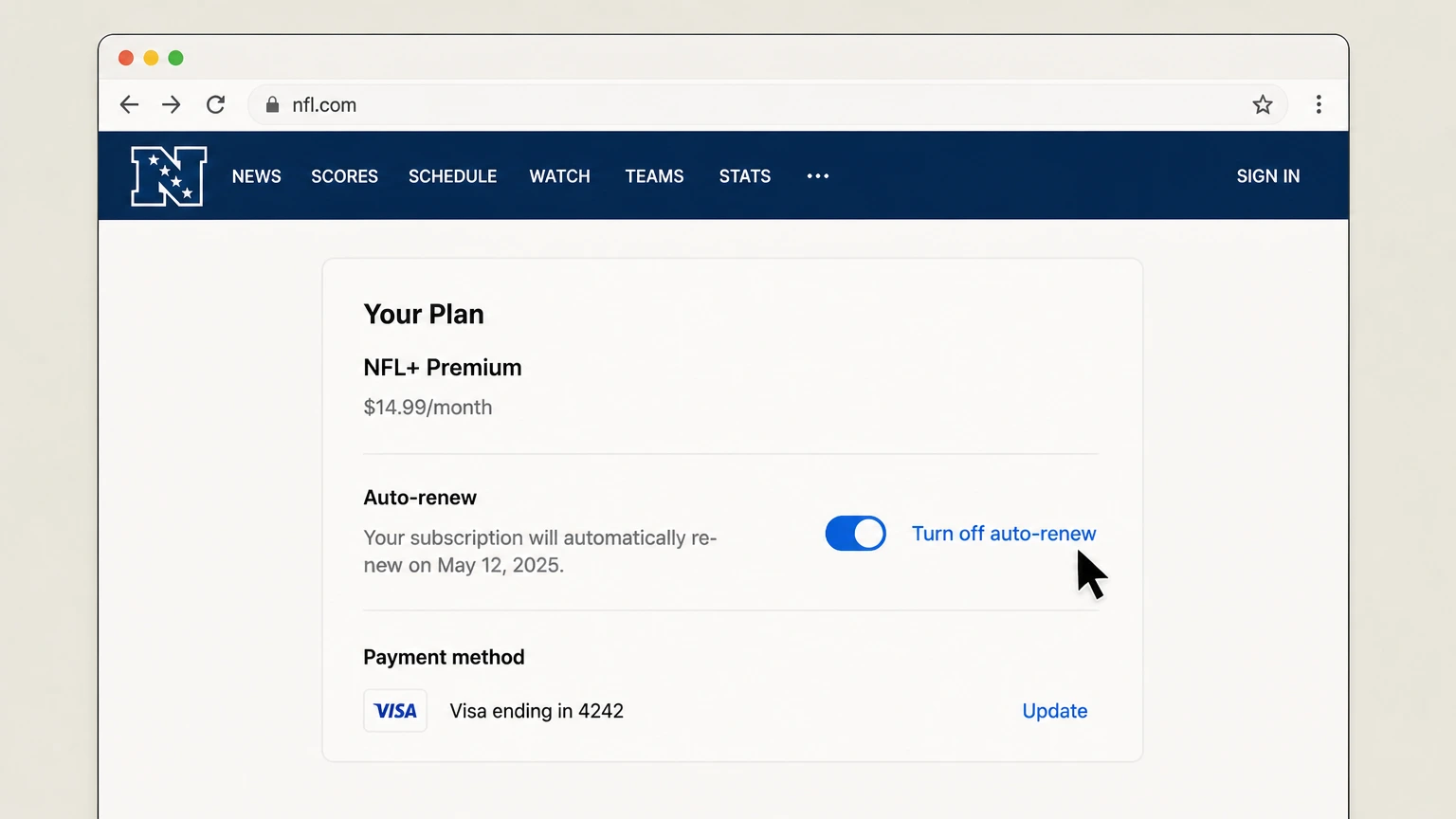 NFL+ web cancellation: Turn off auto-renew