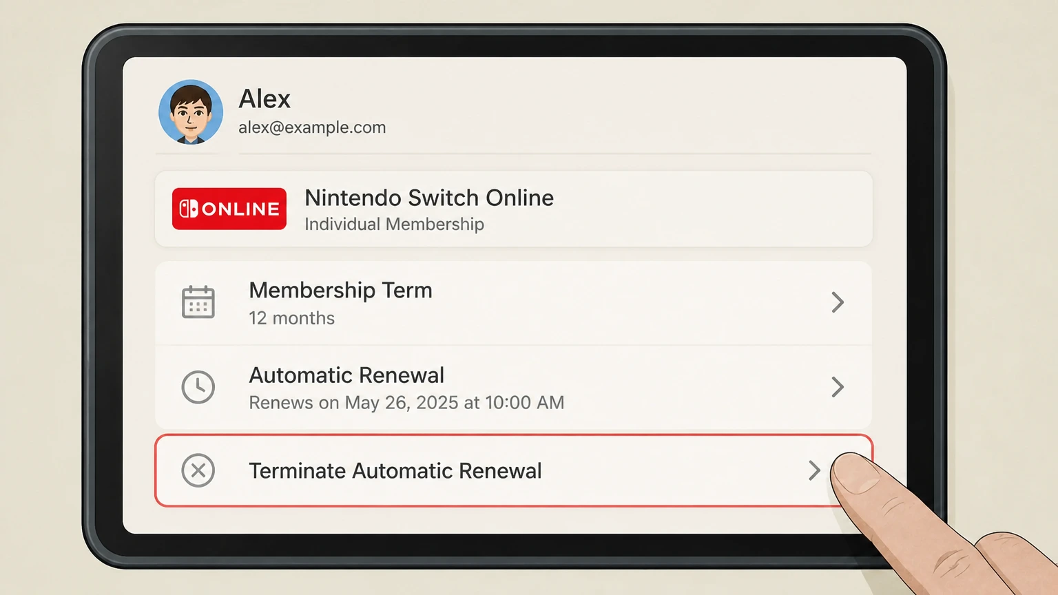 Nintendo Switch Online switch cancellation: Choose Terminate Automatic Renewal