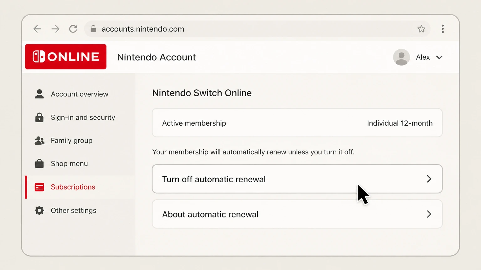 Nintendo Switch Online web cancellation: Turn off automatic renewal