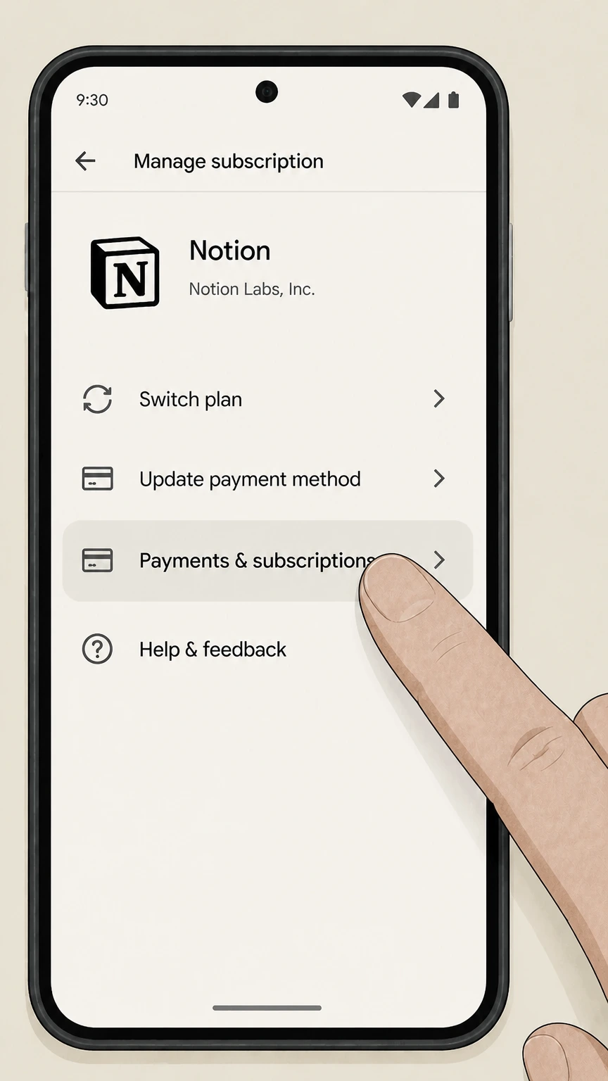 Notion google-play cancellation: Open Payments & subscriptions