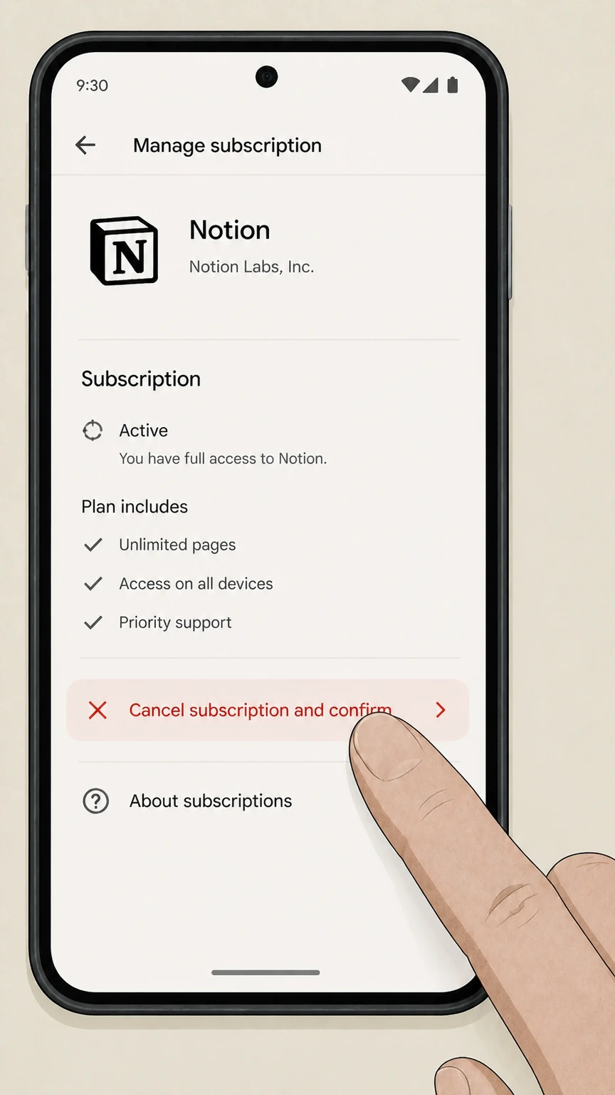 Notion google-play cancellation: Tap Cancel subscription and confirm