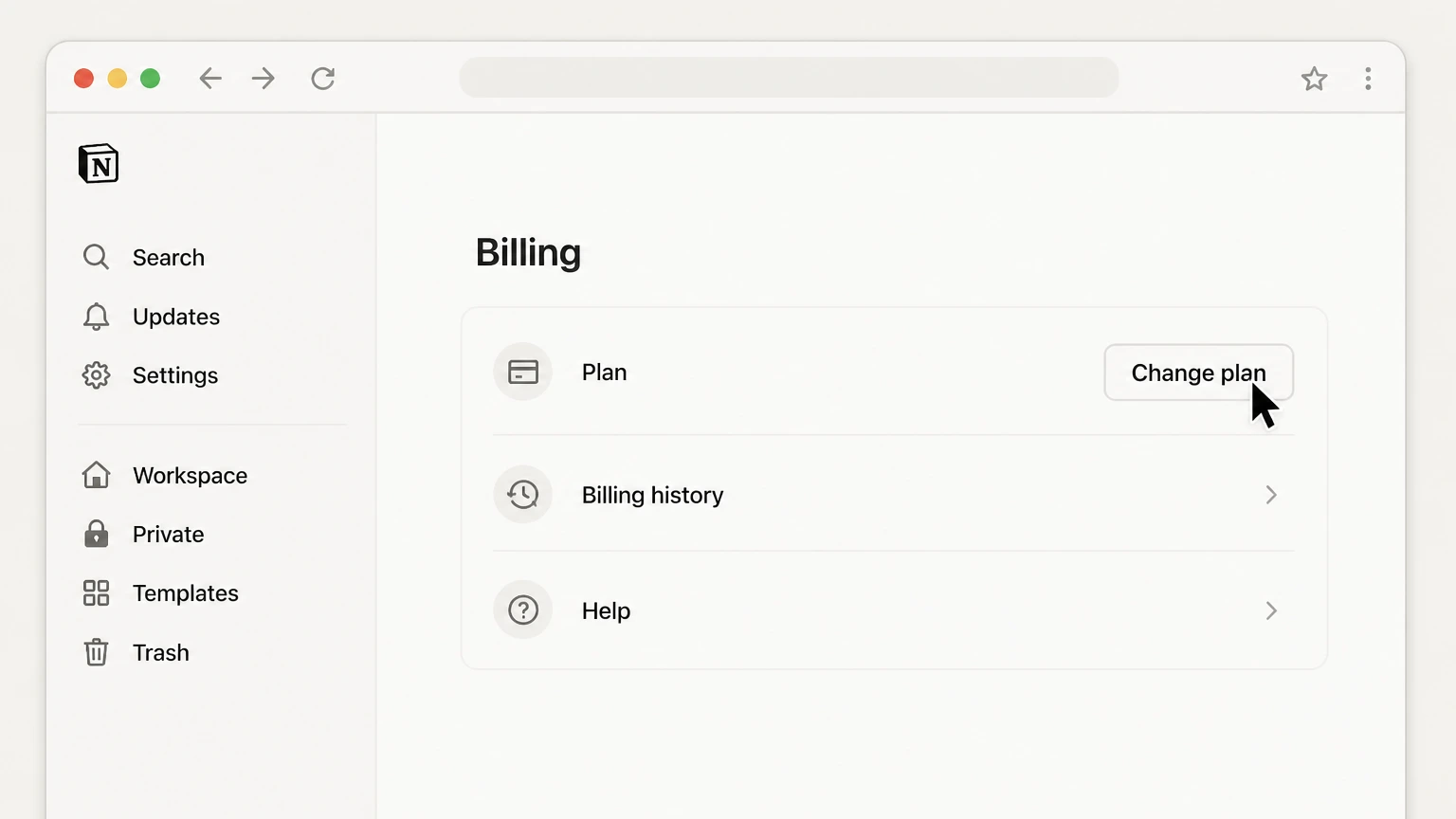 Notion web cancellation: Choose Change plan
