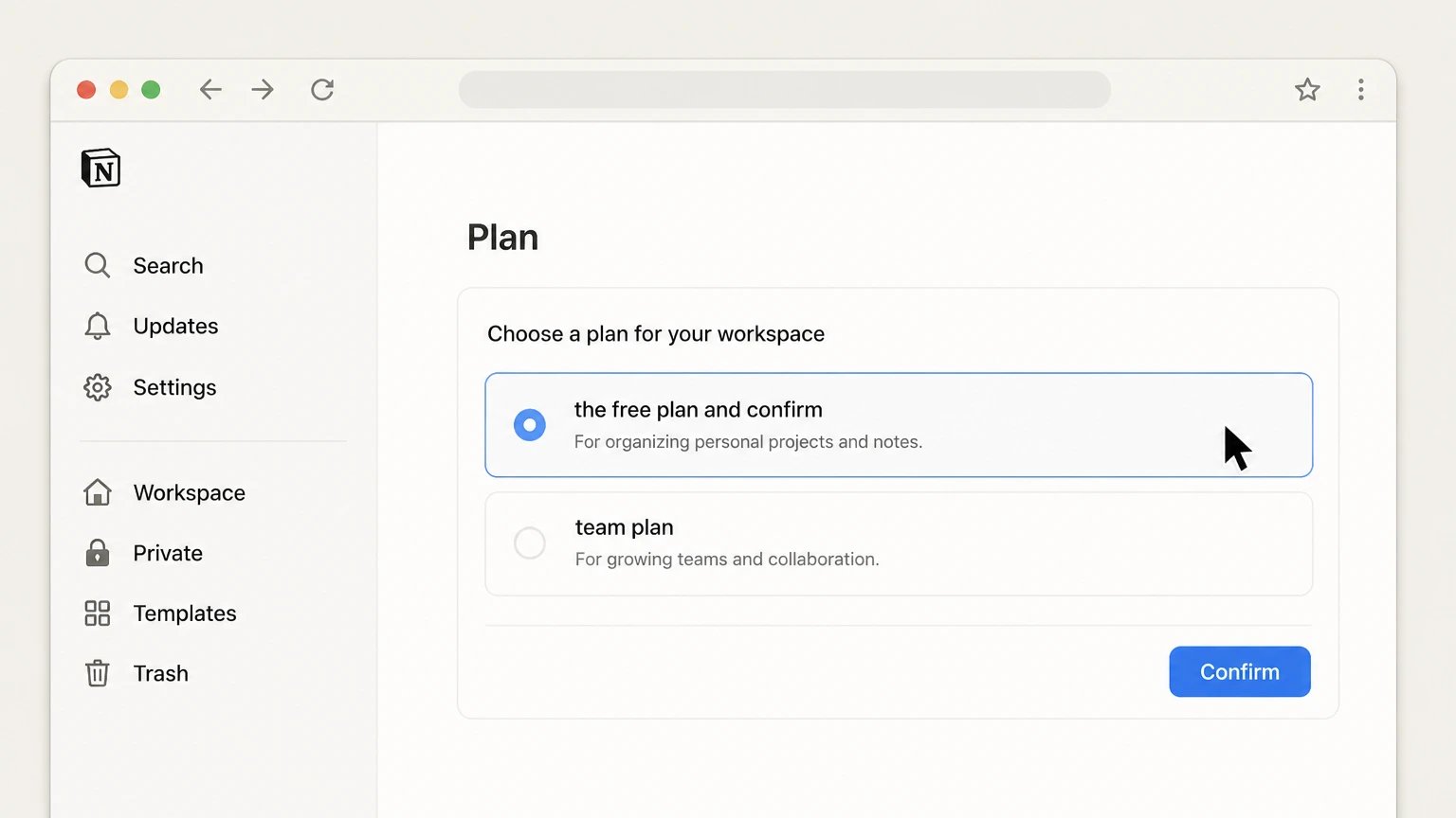 Notion web cancellation: Select the free plan and confirm