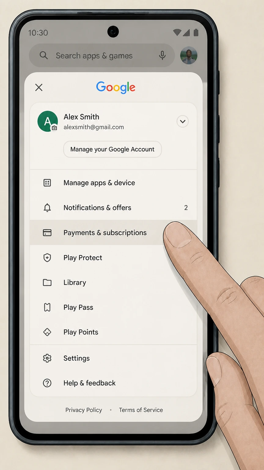 NOW google-play cancellation: Open Payments & subscriptions