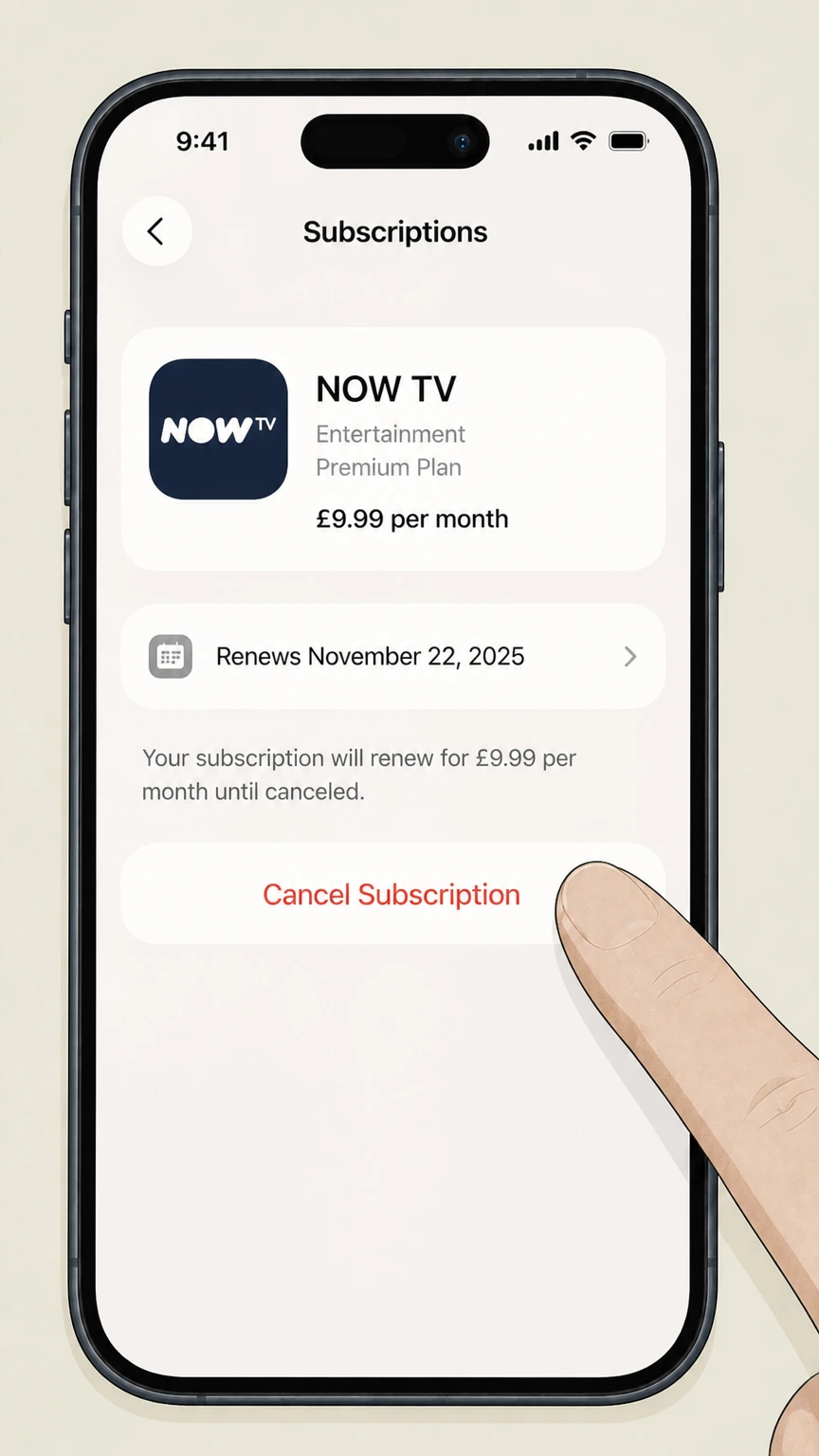 NOW ios cancellation: Tap Cancel Subscription