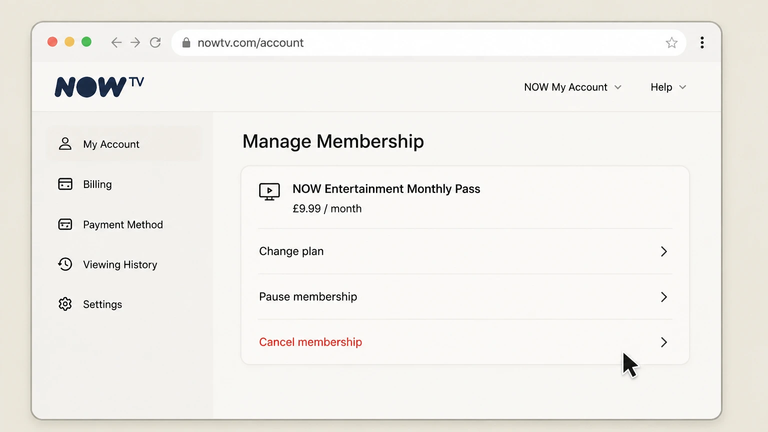 NOW web cancellation: Choose Cancel membership