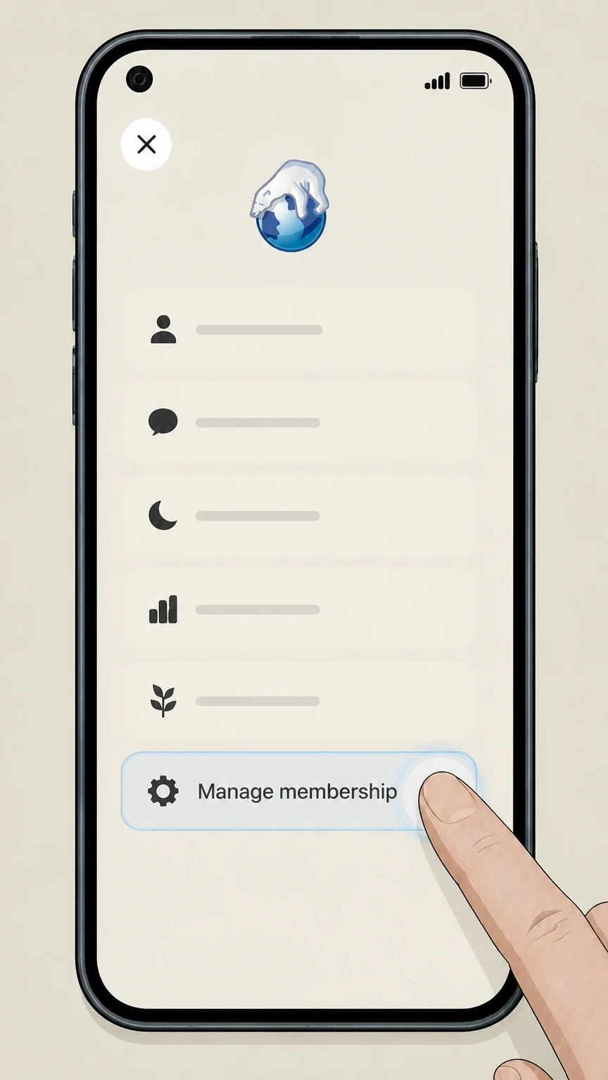 Oura Oura App and Membership Hub cancellation: Open Manage membership
