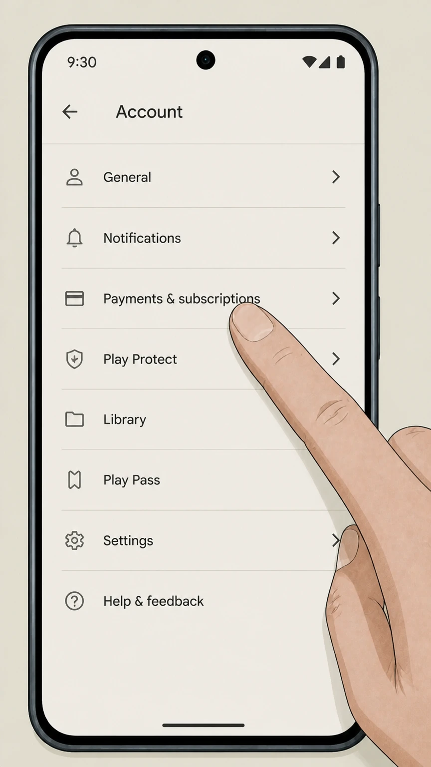 Pandora google-play cancellation: Open Payments & subscriptions