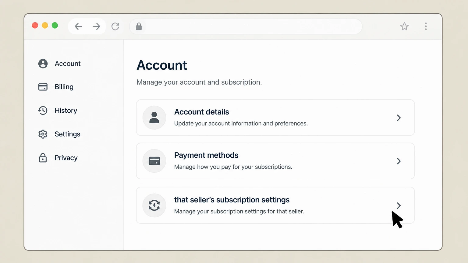 Pandora web cancellation: Open that seller’s subscription settings