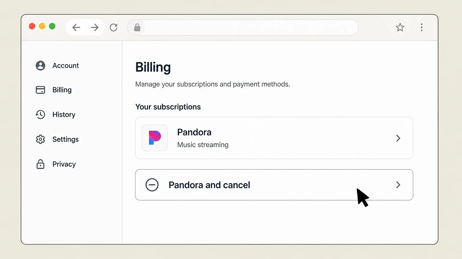 Pandora web cancellation: Select Pandora and cancel