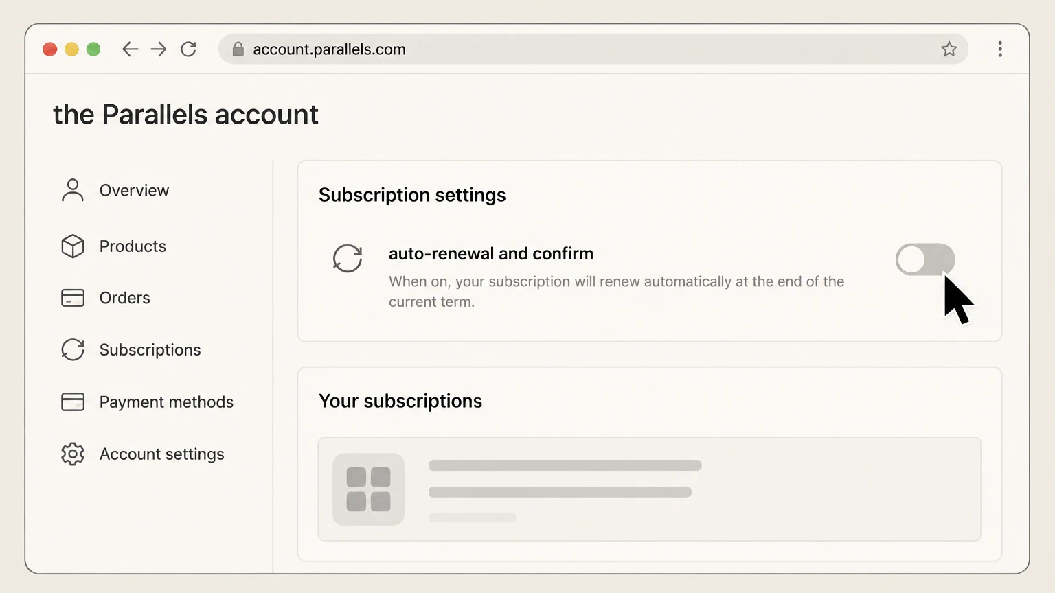 Parallels web cancellation: Turn off auto-renewal and confirm