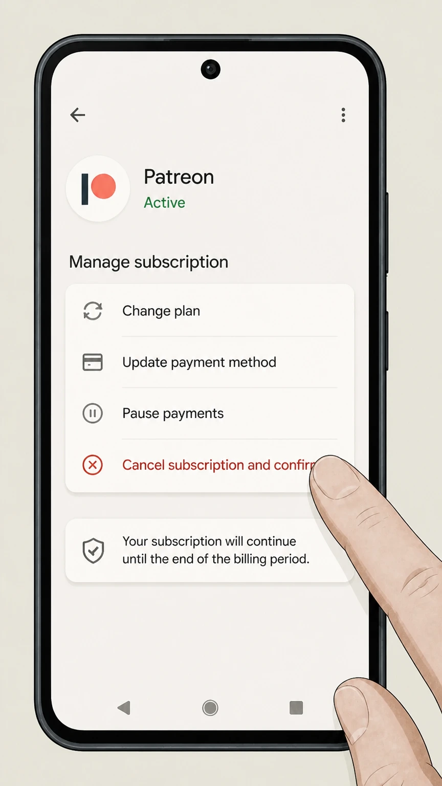 Patreon google-play cancellation: Tap Cancel subscription and confirm