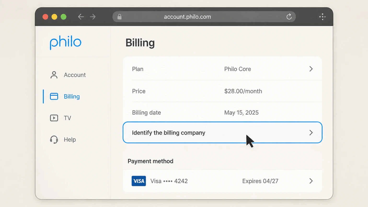 Philo billing-partner cancellation: Identify the billing company