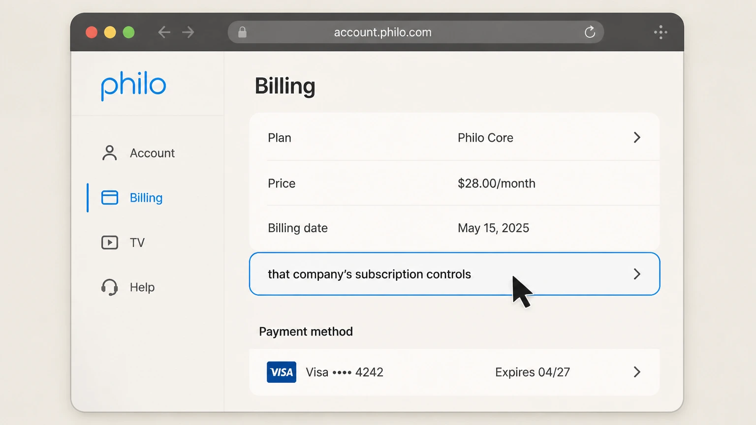 Philo billing-partner cancellation: Open that company’s subscription controls