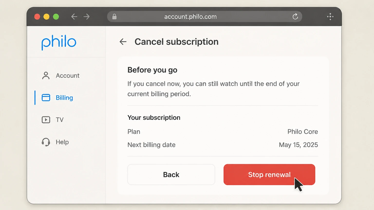 Philo billing-partner cancellation: Stop renewal