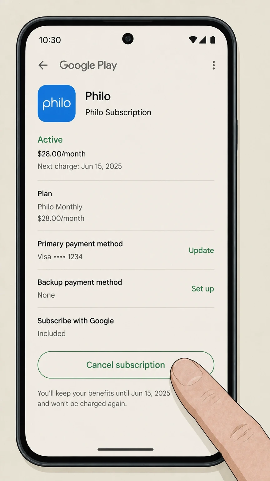 Philo google-play cancellation: Tap Cancel subscription