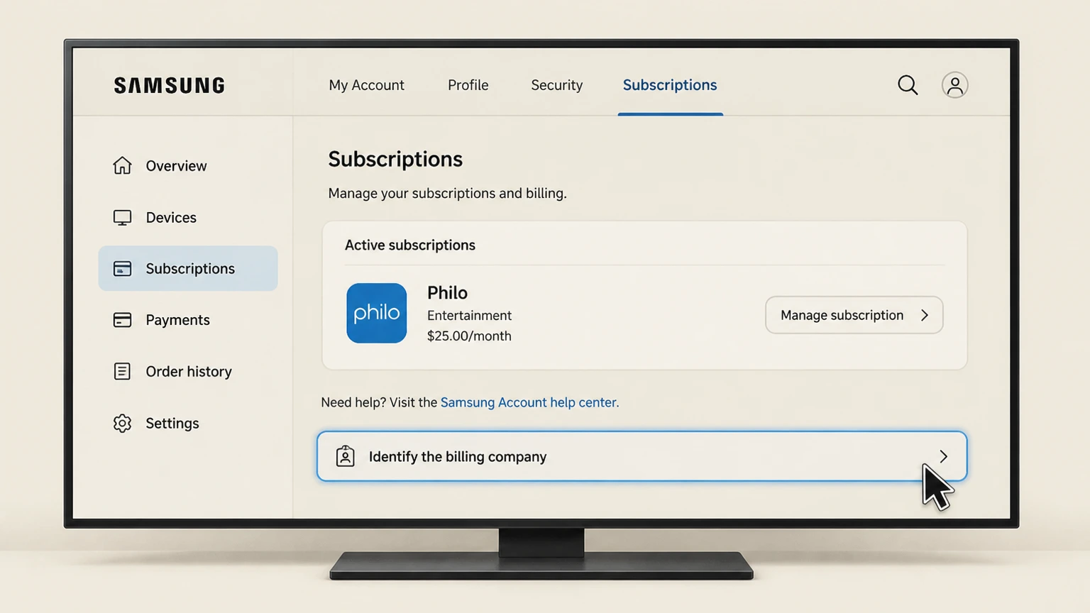 Philo samsung-tv cancellation: Identify the billing company