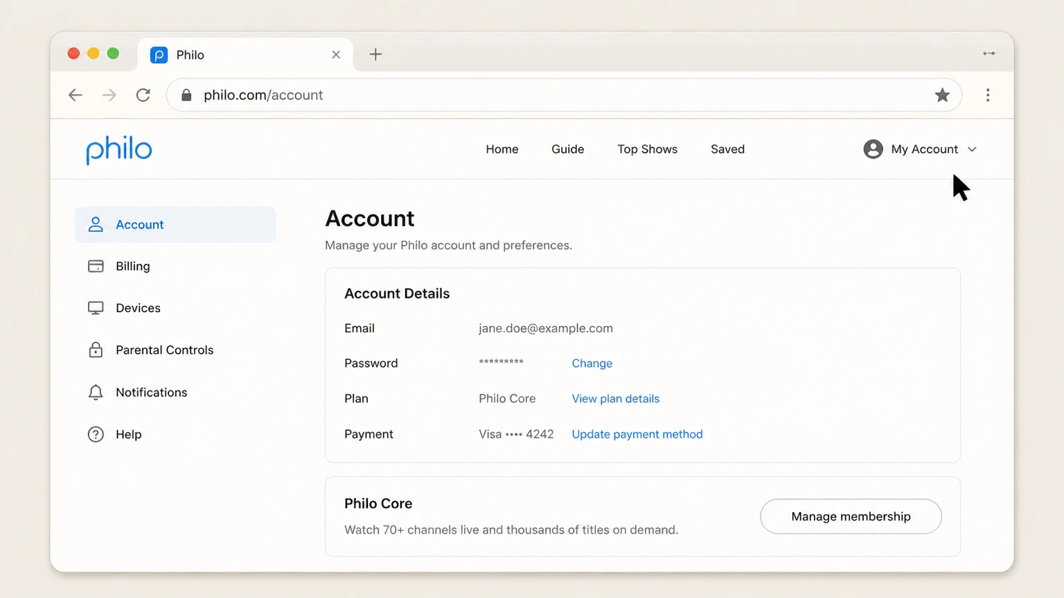 Philo web cancellation: Open the Philo account page