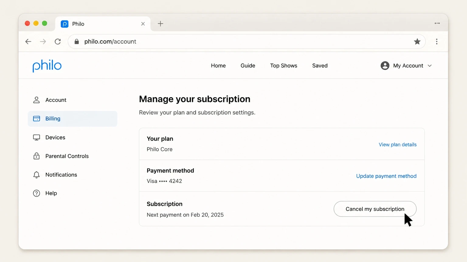 Philo web cancellation: Choose Cancel my subscription