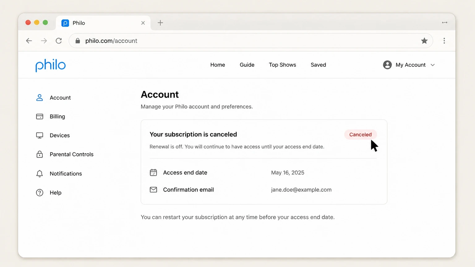Philo web cancellation: Save the canceled status