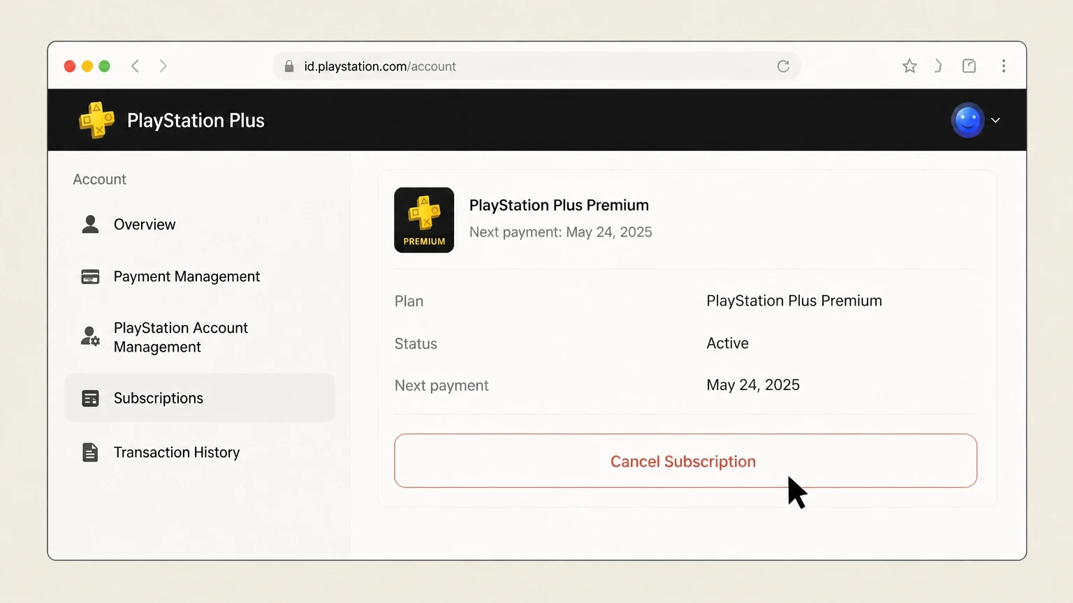 PlayStation Plus web cancellation: Choose Cancel Subscription