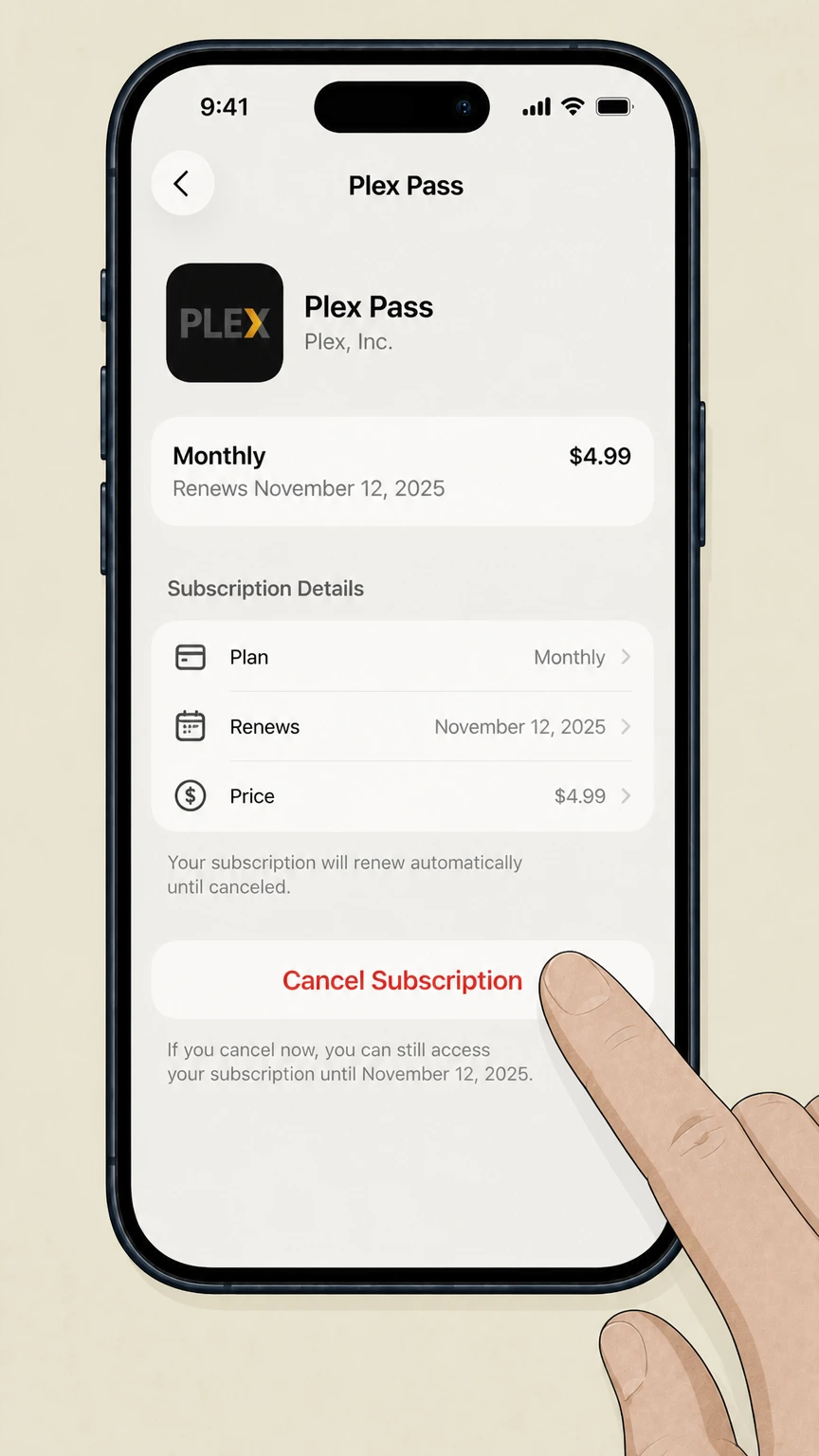 Plex Pass ios cancellation: Tap Cancel Subscription