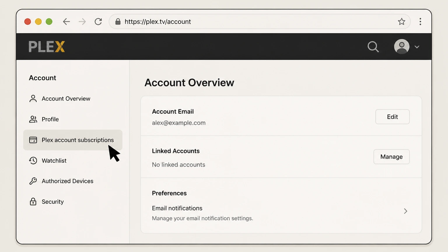 Plex Pass web cancellation: Open Plex account subscriptions