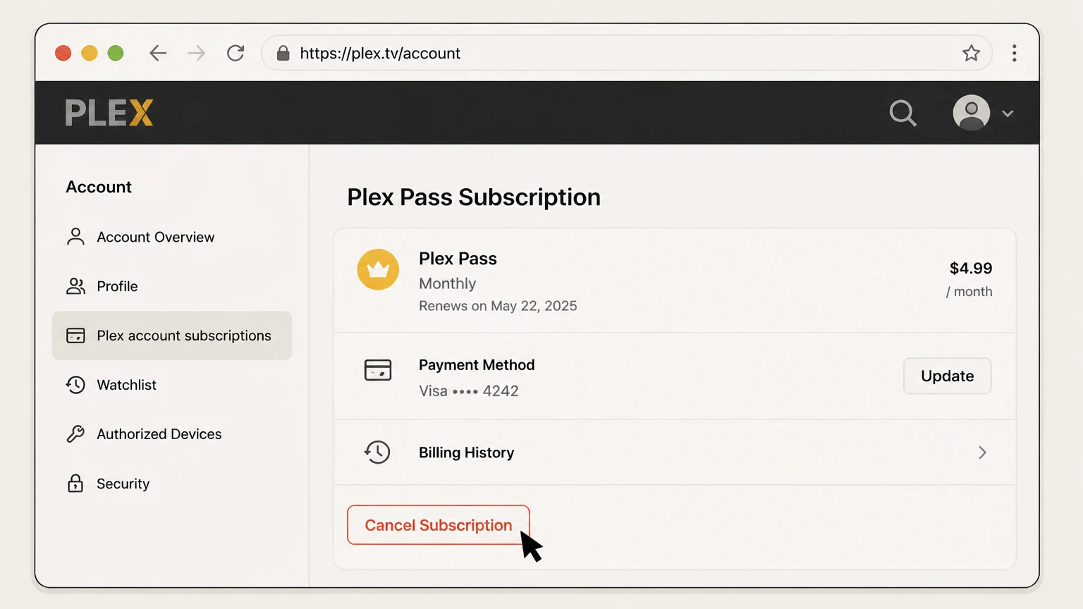Plex Pass web cancellation: Choose Cancel Subscription