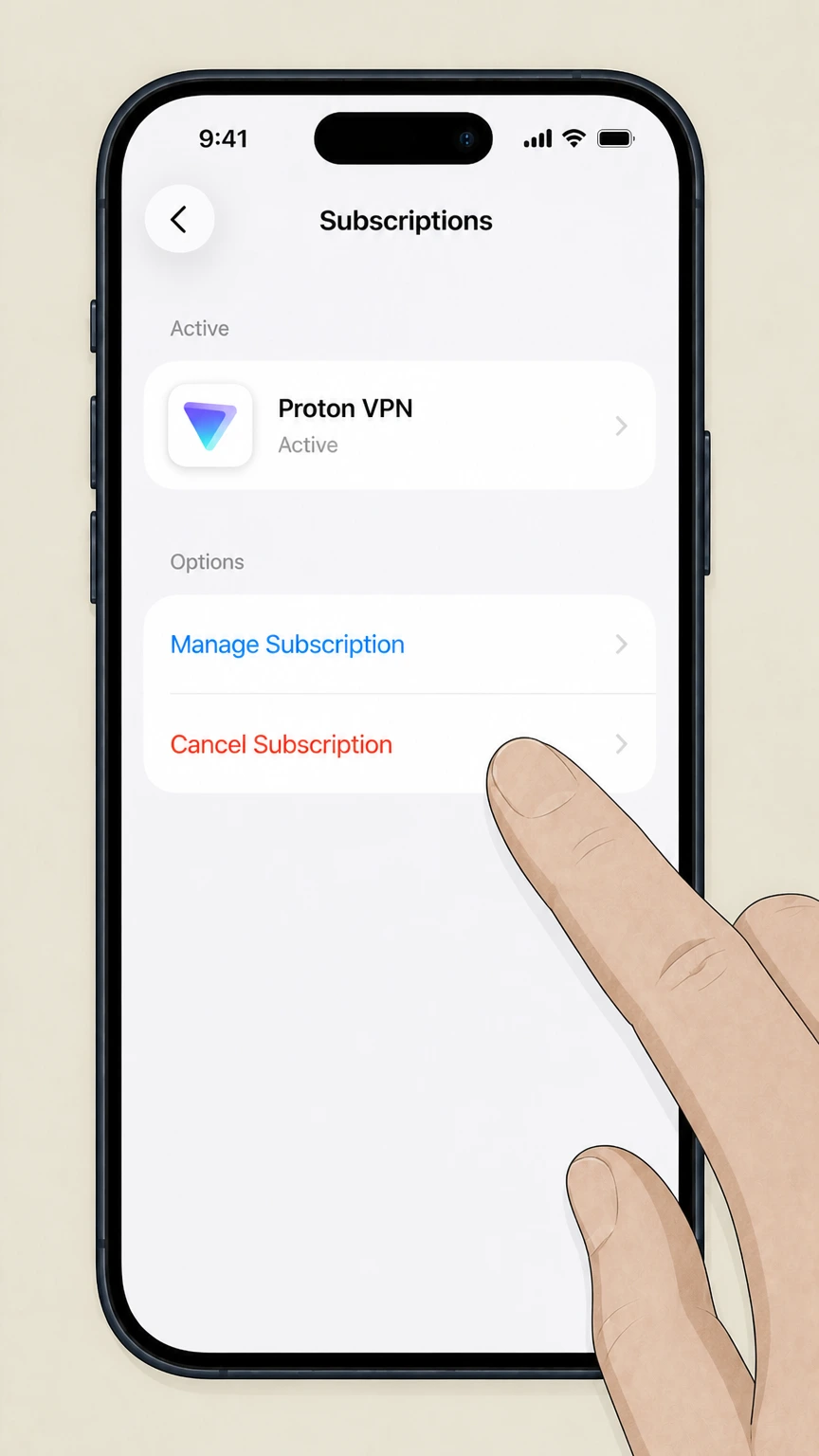Proton VPN ios cancellation: Tap Cancel Subscription and confirm