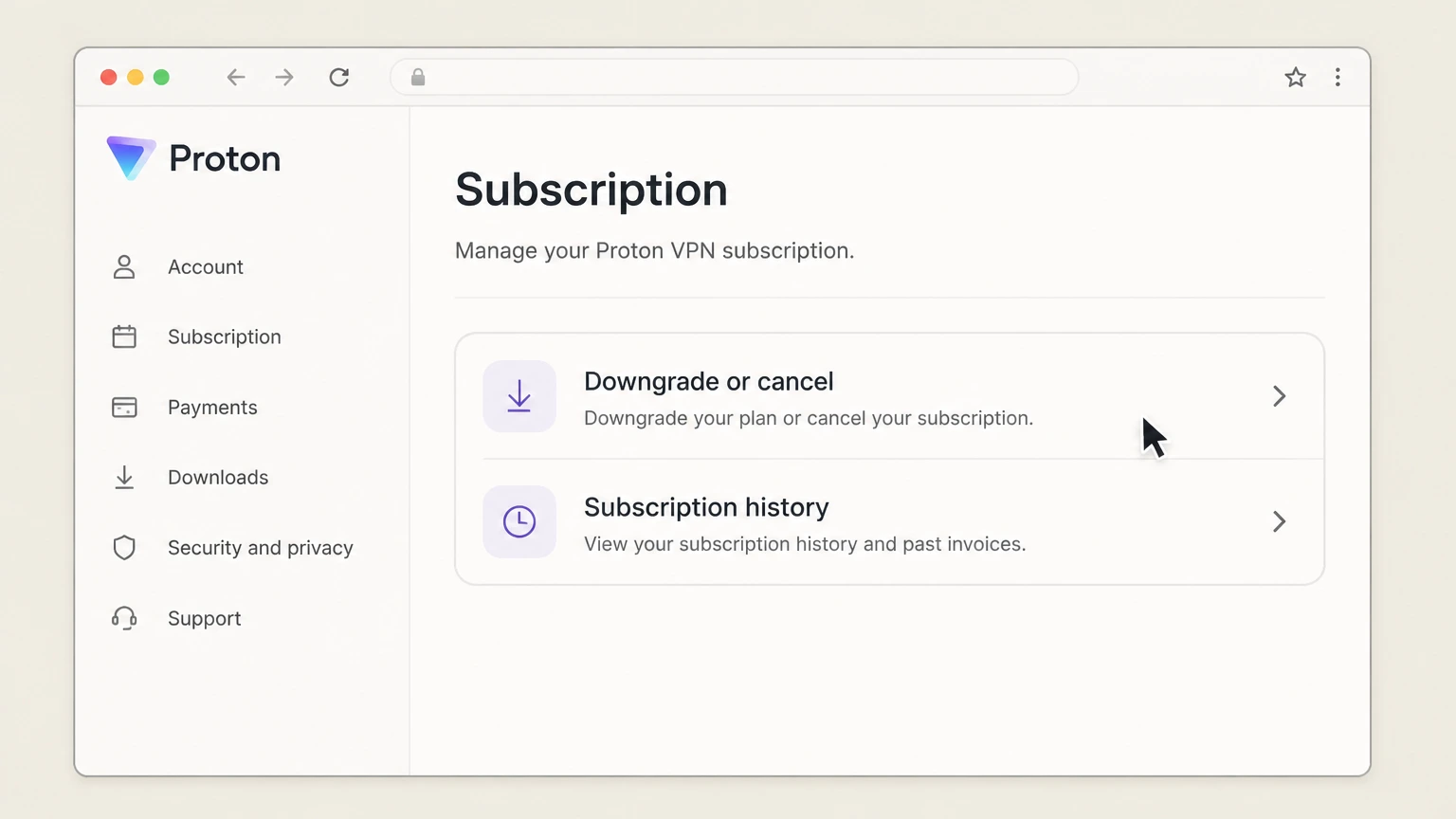 Proton VPN web cancellation: Choose Downgrade or cancel