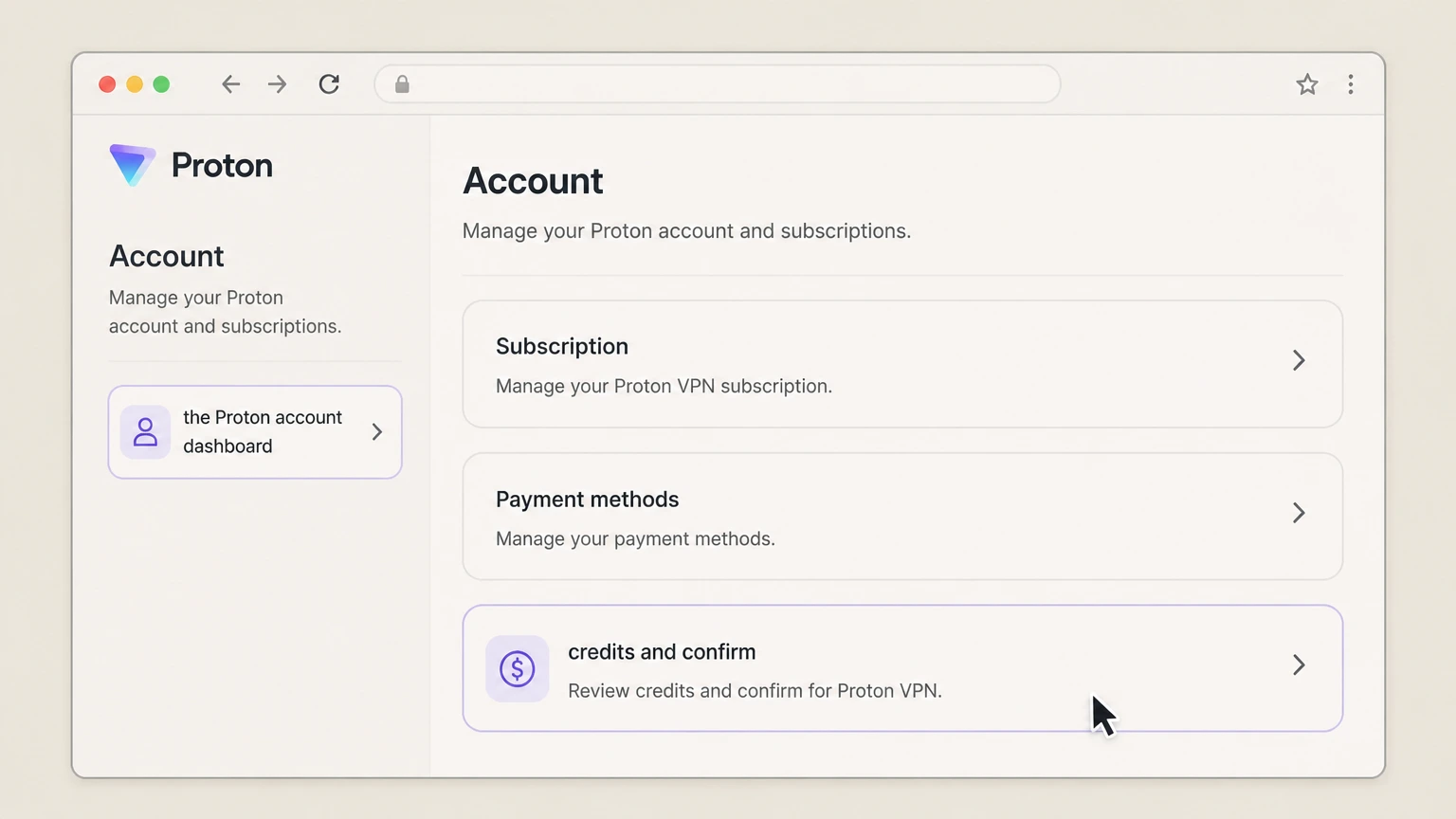 Proton VPN web cancellation: Review credits and confirm