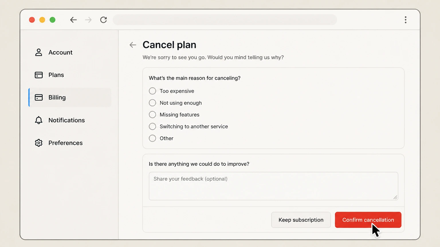 Restream web cancellation: Complete the feedback and confirmation flow