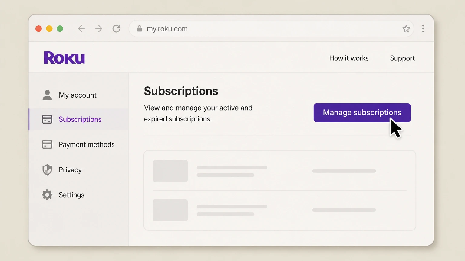 Roku subscriptions web cancellation: Open Manage subscriptions
