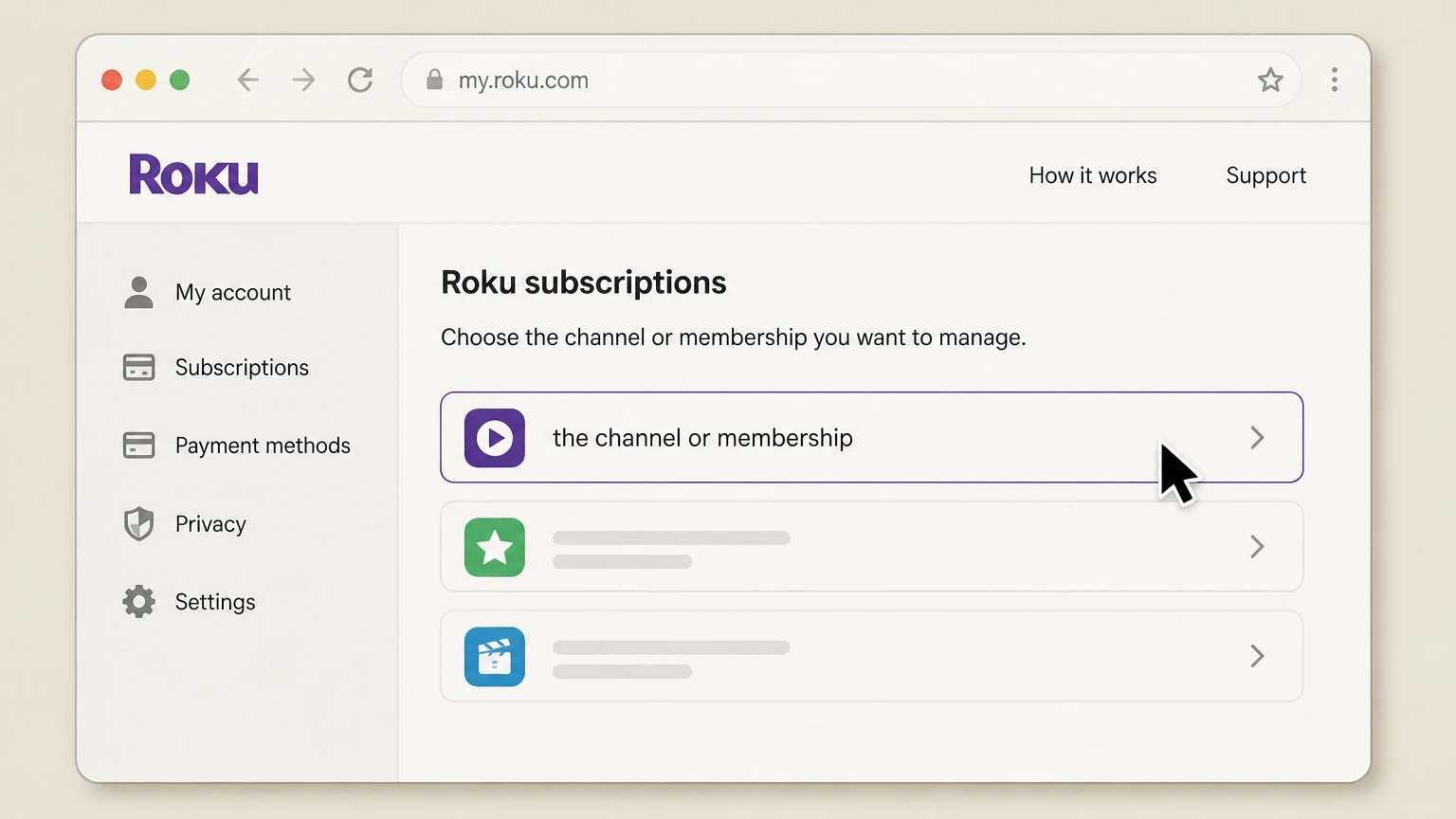 Roku subscriptions web cancellation: Choose the channel or membership