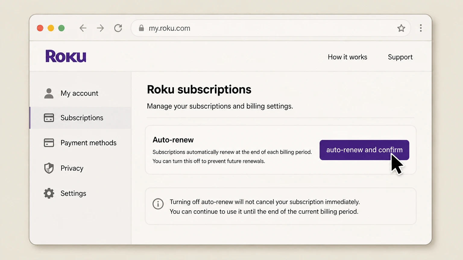 Roku subscriptions web cancellation: Turn off auto-renew and confirm