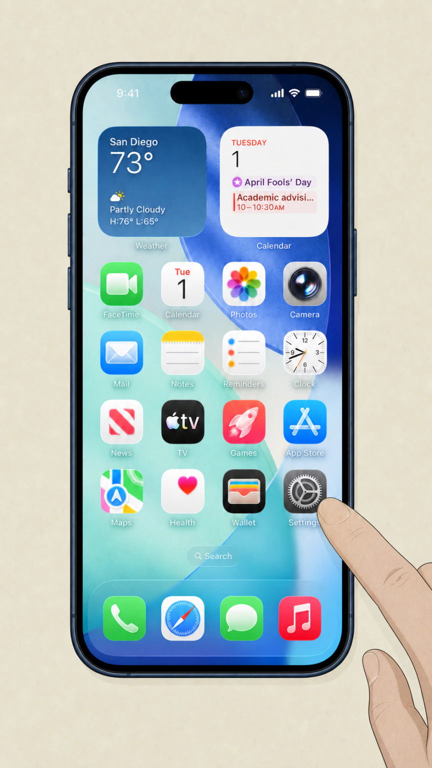 Editorial illustration of iOS 26 Settings on an iPhone 17 Pro Home Screen