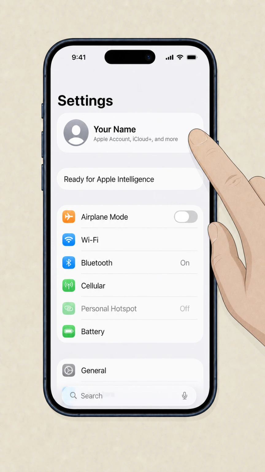 Editorial illustration of the anonymous account card in iOS 26 Settings on iPhone 17 Pro