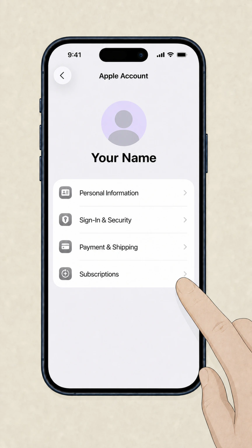 Editorial illustration of the Subscriptions row in iOS 26 Apple Account settings on iPhone 17 Pro