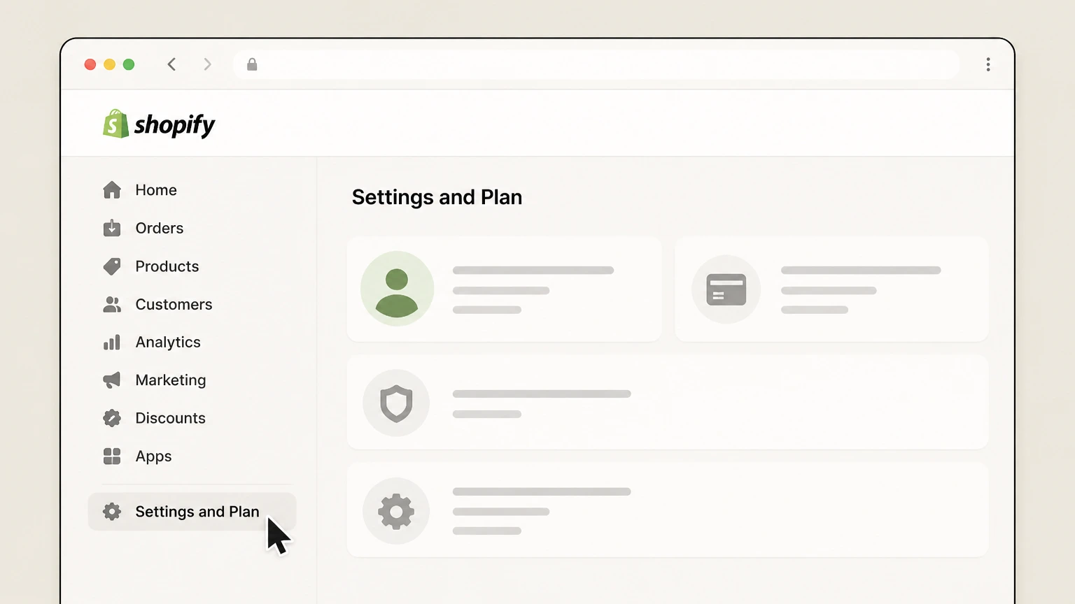 Shopify web cancellation: Open Settings and Plan