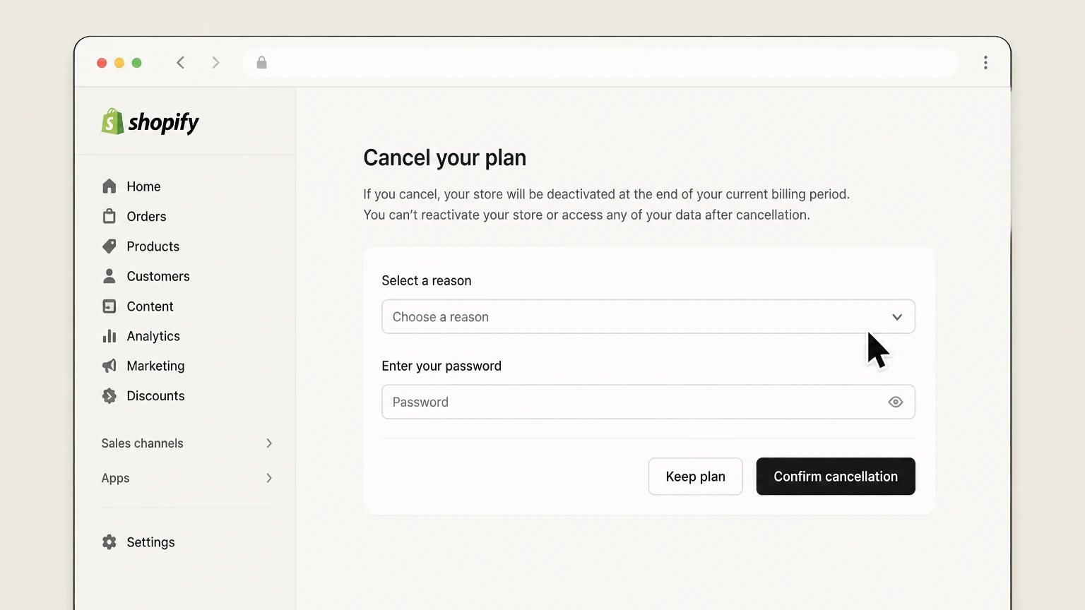 Shopify web cancellation: Select a reason, enter the password, and confirm