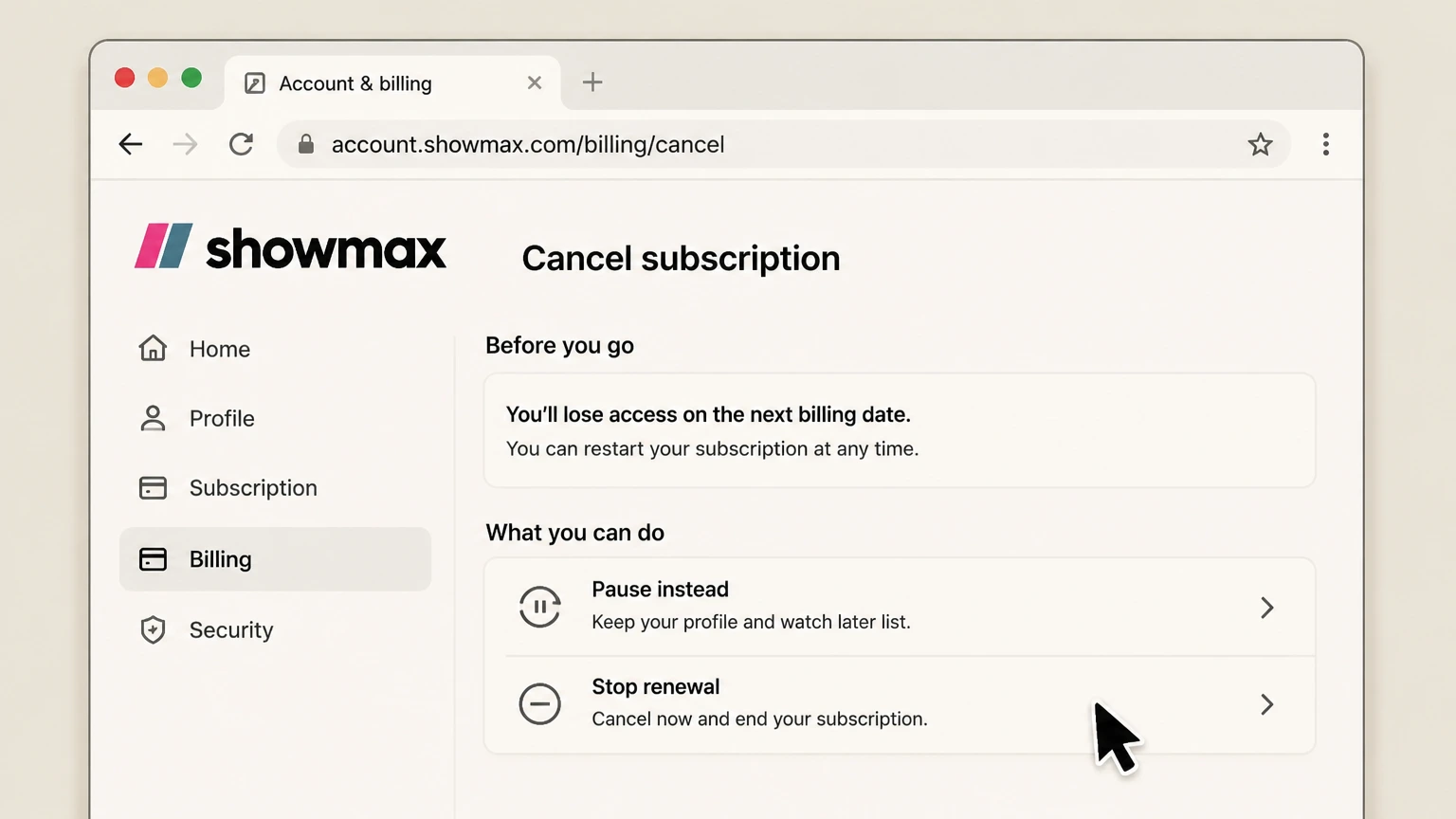 Showmax billing-partner cancellation: Stop renewal