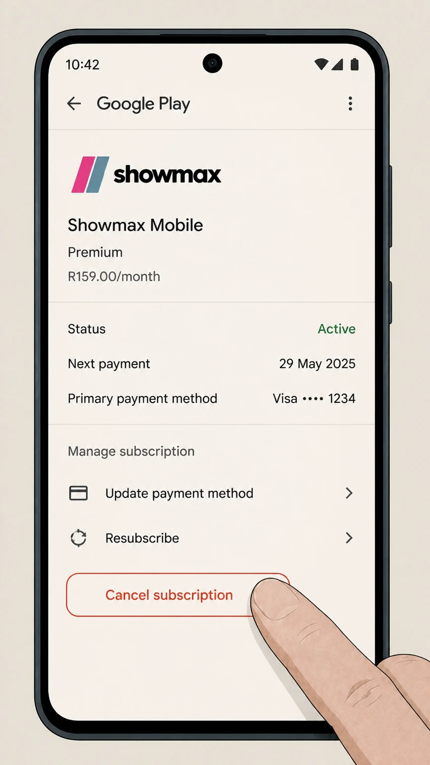 Showmax google-play cancellation: Tap Cancel subscription