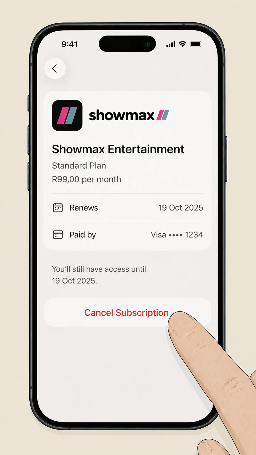 Showmax ios cancellation: Tap Cancel Subscription