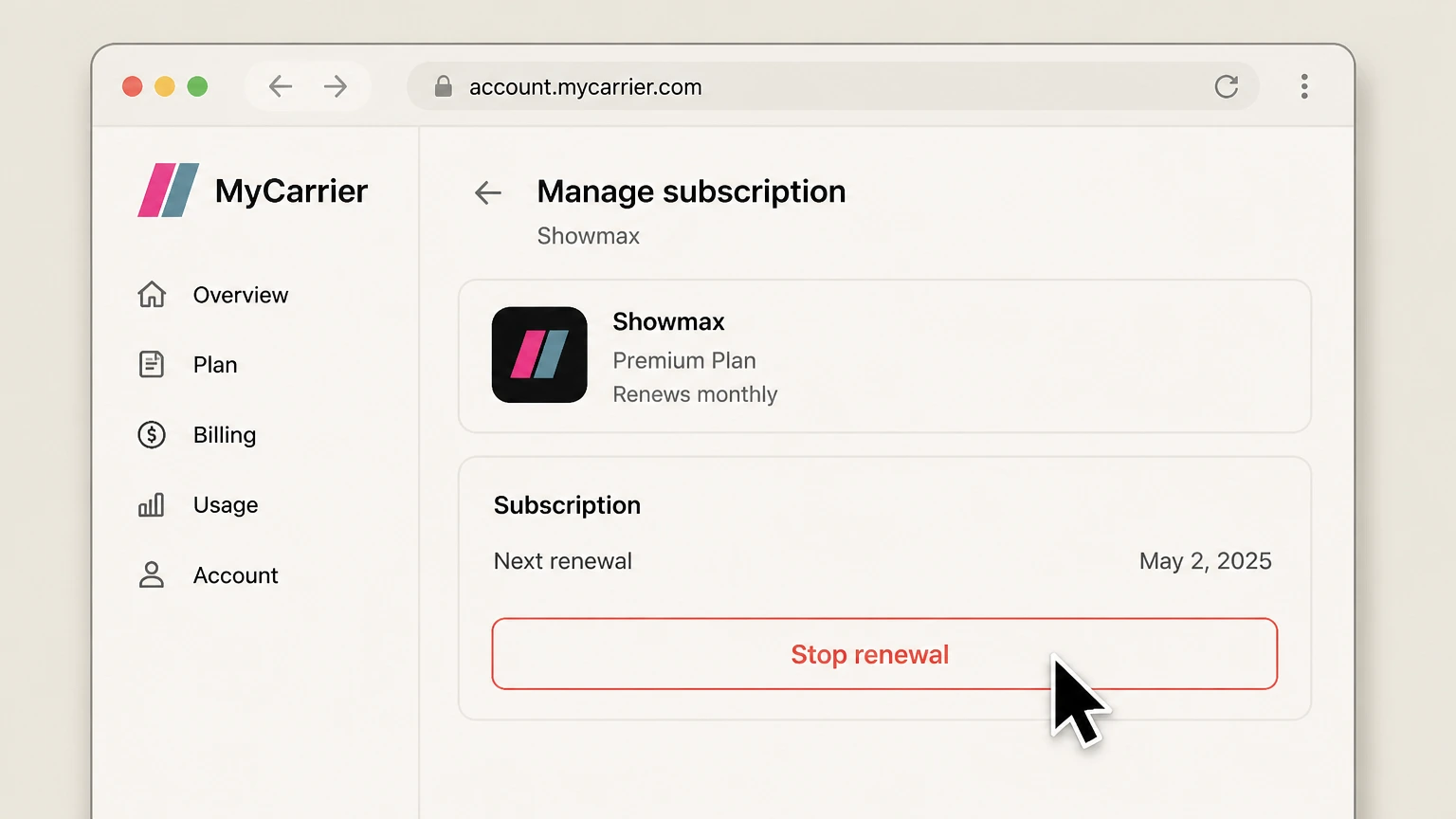 Showmax mobile-carrier cancellation: Stop renewal