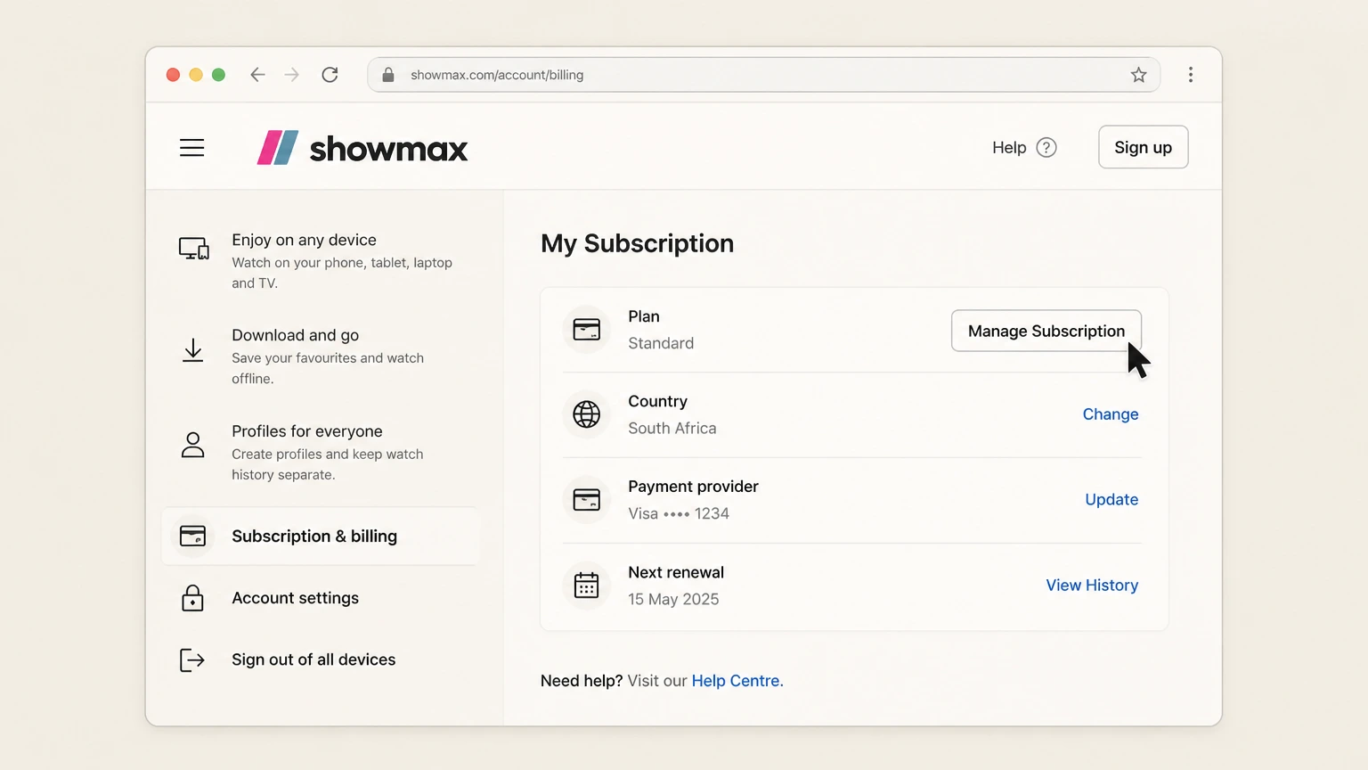 Showmax web cancellation: Open Manage Subscription