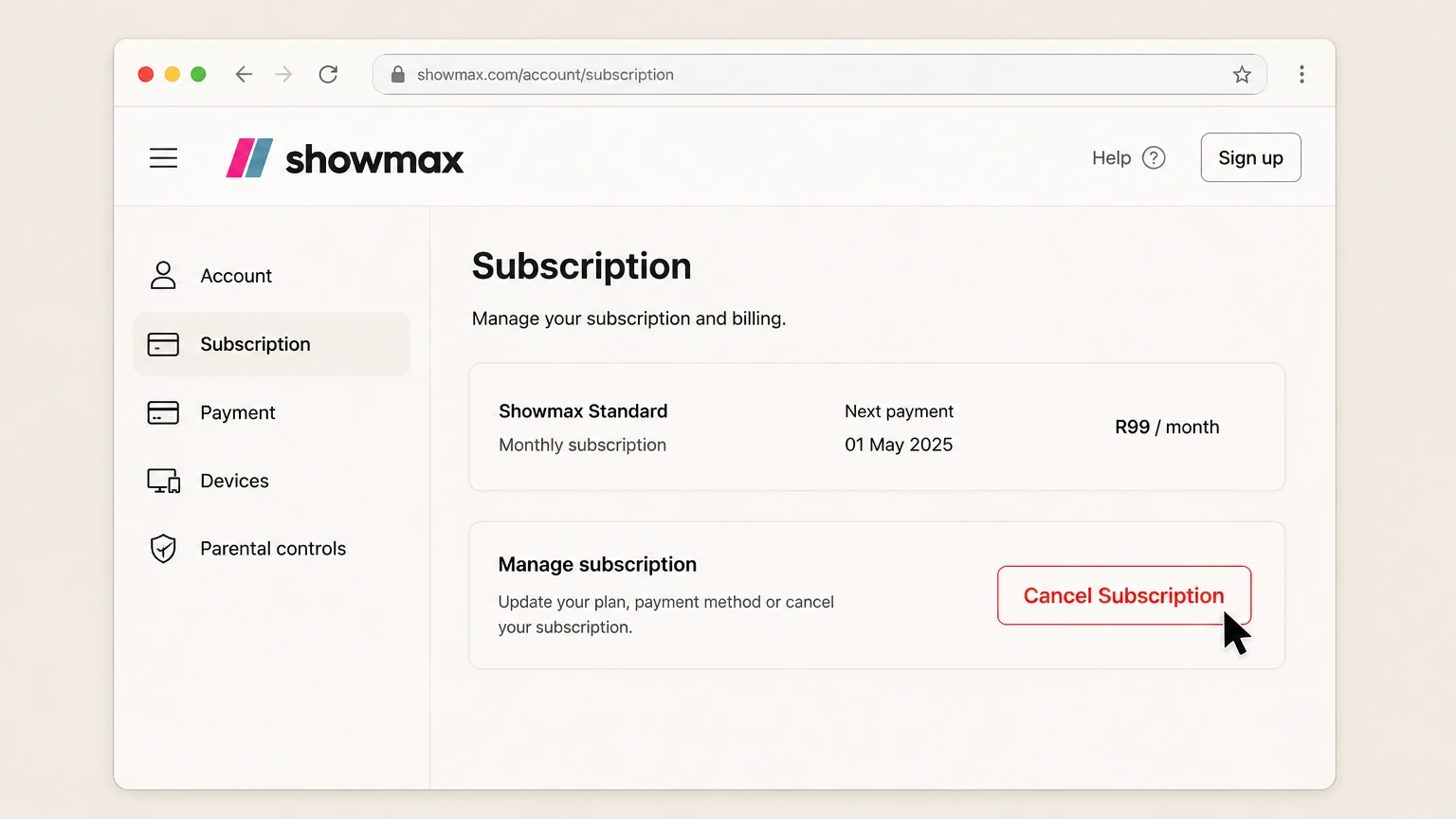 Showmax web cancellation: Choose Cancel Subscription