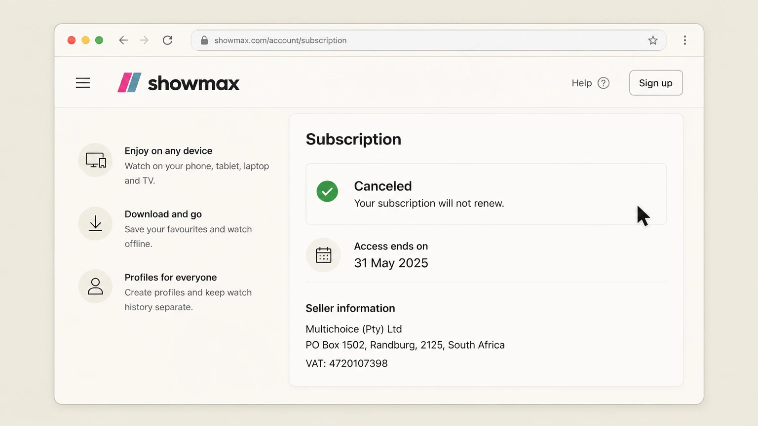 Showmax web cancellation: Save the paid-period end date