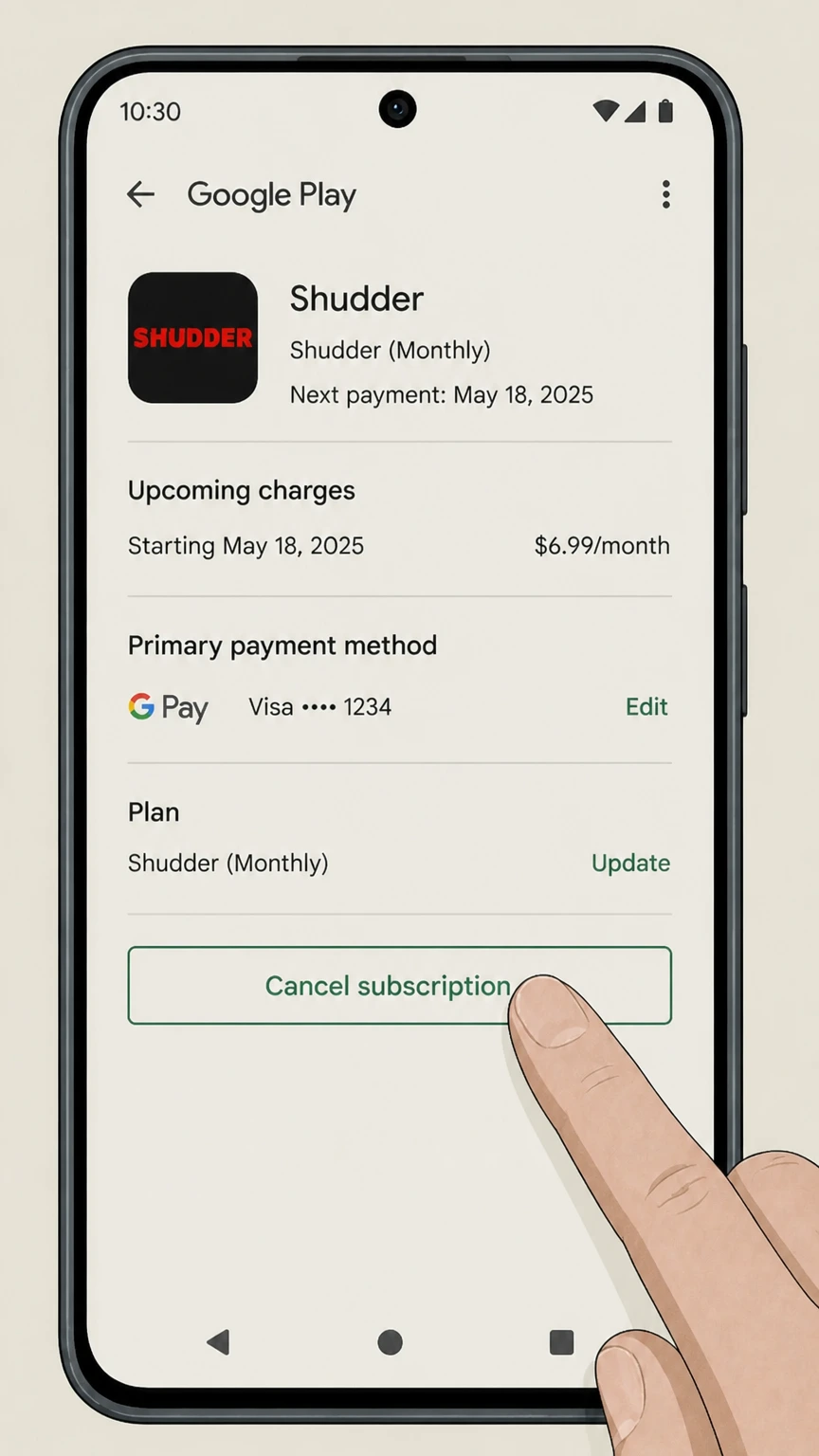 Shudder google-play cancellation: Tap Cancel subscription
