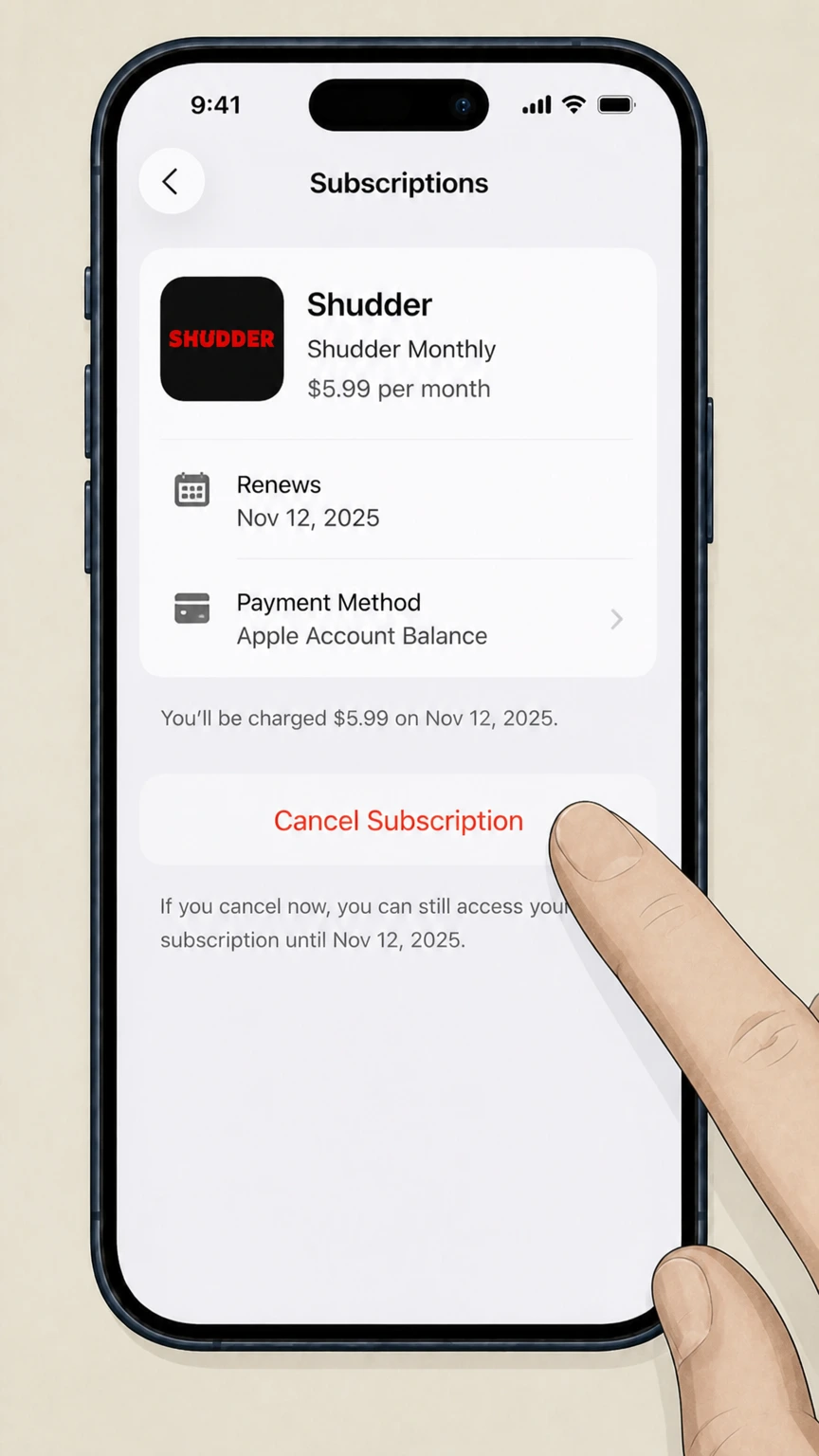 Shudder ios cancellation: Tap Cancel Subscription