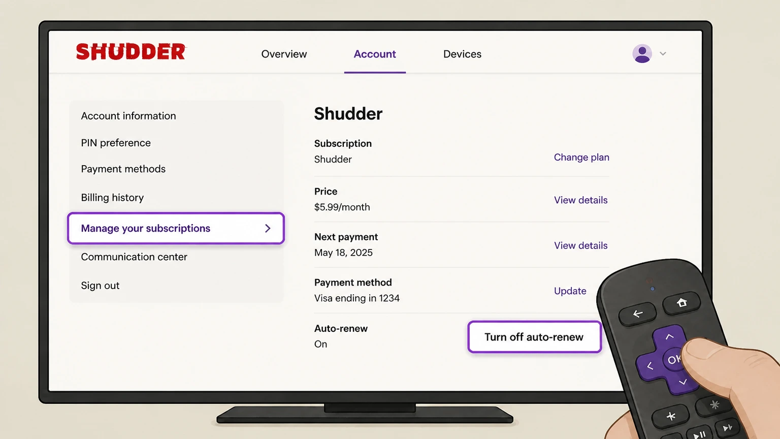 Shudder roku cancellation: Turn off auto-renew
